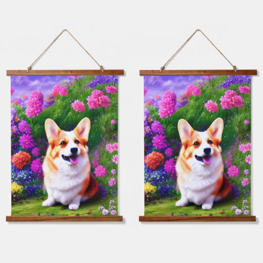 Corgi und Blume Wandteppich Mit Holzrahmen (Doppelt)