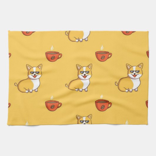 Corgi und Kaffeemuster Geschirrtuch (Horizontal)
