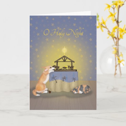 Corgi und Katze mit Krippe Weihnachtskarte Karte (Gelbe Blume)