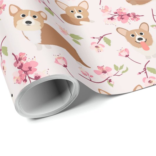 Corgi und Kirschblüten Sakura rosa Muster Geschenkpapier (Rolleneckpunkt)