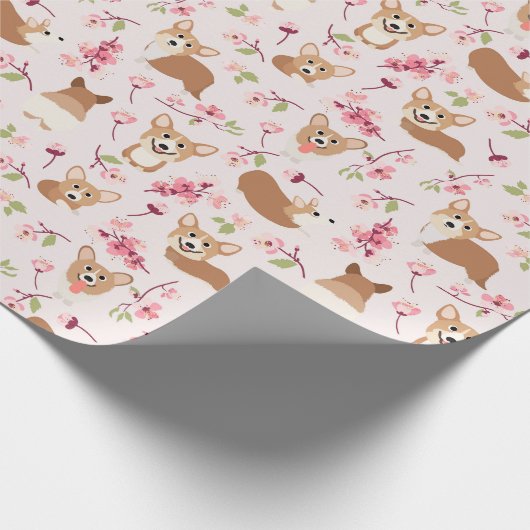 Corgi und Kirschblüten Sakura rosa Muster Geschenkpapier (Ecke)