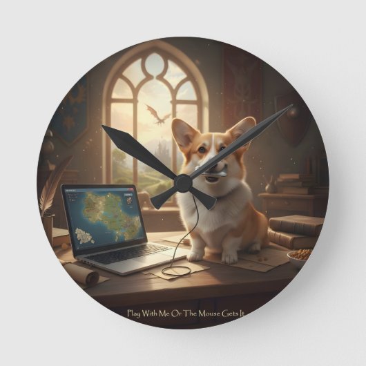 Corgi und Maus Runde Wanduhr (Vorderseite)
