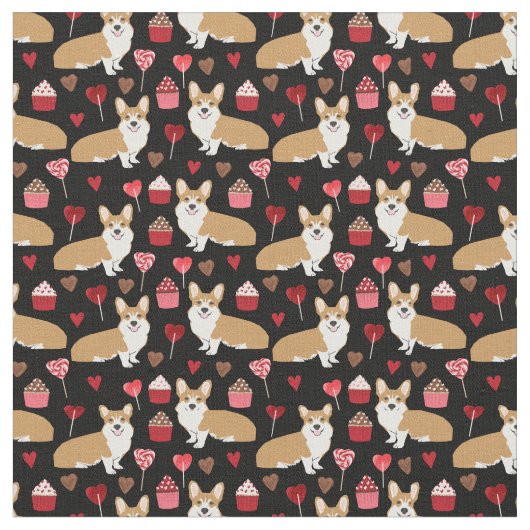 Corgi Valentines Fabric - schwarz Stoff (Nahaufnahme)