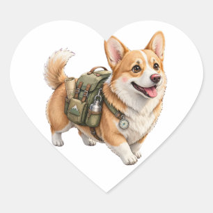 Corgi-Wanderabenteuer-Wasserfarbsticker Herz-Aufkleber