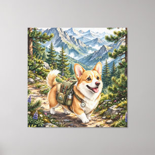 Corgi Wandern in Bergen Aquarell auf Keilrahmen Leinwanddruck