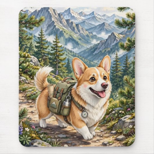 Corgi Wandern in Bergen Aquarell Mousepad (Vorne)