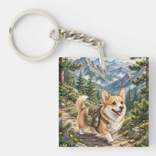Corgi-Wanderung in Bergen Aquarell-Acryl-Kette Schlüsselanhänger