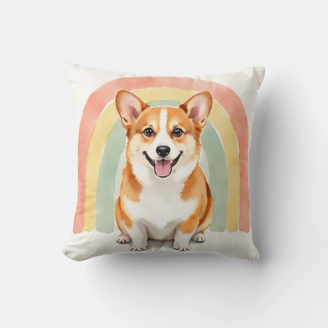 Corgi-Wasserfarben-Regenbogenbogen-Kunst Kissen (Vorderseite)