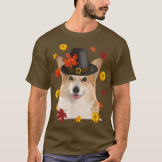 Corgi Wearing Hat Fall Leaf Pumpkin Erntedank T-Shirt