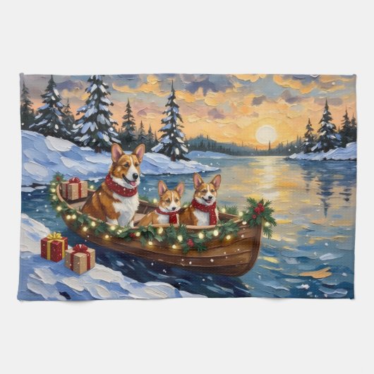 Corgi-Weihnachtsboot-Feiertag Geschirrtuch (Horizontal)