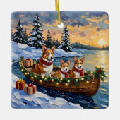 Corgi-Weihnachtsboot-Feiertag Keramikornament (Vorderseite)