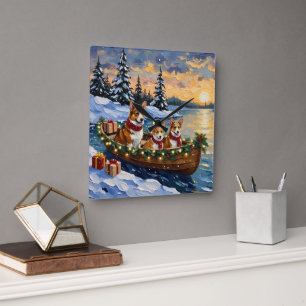 Corgi Weihnachtsboot Urlaub Quadratische Wanduhr