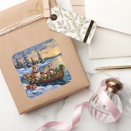 Corgi Weihnachtsboot Urlaub Quadratischer Aufkleber (Schenken)