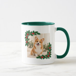 Corgi-Weihnachtsfoto und Name Santa Hut Stechpalme Tasse