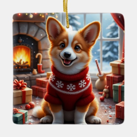 Corgi-Weihnachtskunst Keramikornament (Vorderseite)