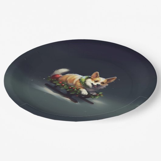 Corgi Weihnachtsschnee Winter Pappteller (Schrägansicht)