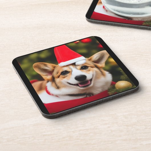 Corgi Weihnachtsspass. Cogi in einem Weihnachtsmut Getränkeuntersetzer (Linke Seite)