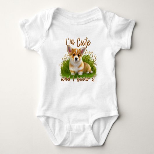 Corgi Welpe auf dem Gras | Ich bin Niedlich Baby Strampler (Vorderseite)