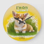 Corgi Welpe auf dem Gras | Ich bin niedliches Haus Große Wanduhr (Vorderseite)