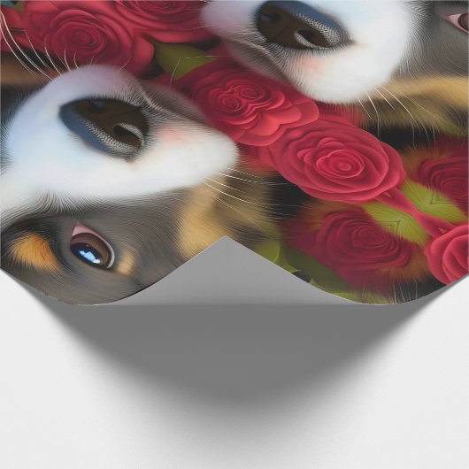 Corgi Welpe in rote Rosen Gewebepapier Geschenkpapier (Ecke)