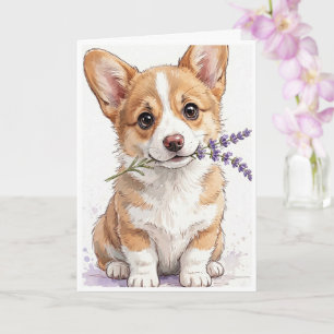 Corgi-Welpe mit einem Lavendelstiel Karte