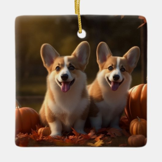 Corgi Welppy Autumn Delight Pumpkin Keramikornament (Vorderseite)