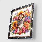 Corgi Welppy Floral Garden Quadratische Wanduhr (Winkel)