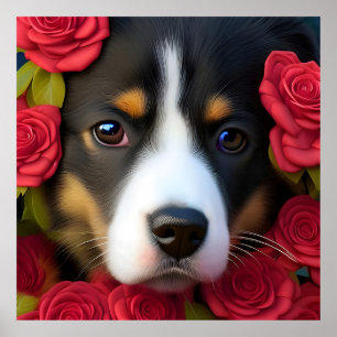 Corgi Welppy in rote Rosen Poster