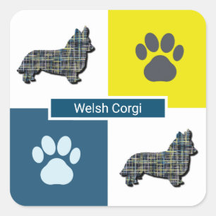Corgi Welsh Dog & Paw Y&B Grid Quadratischer Aufkleber