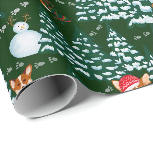 Corgis amüsieren sich im Winterwald - grün Geschenkpapier (Rolleneckpunkt)