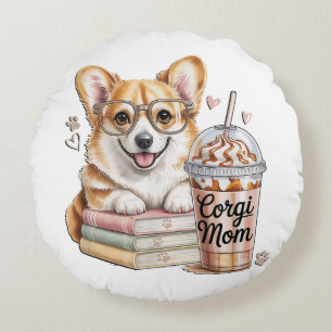 Corgis Bücher und Eiskaffee für Hund Rundes Kissen