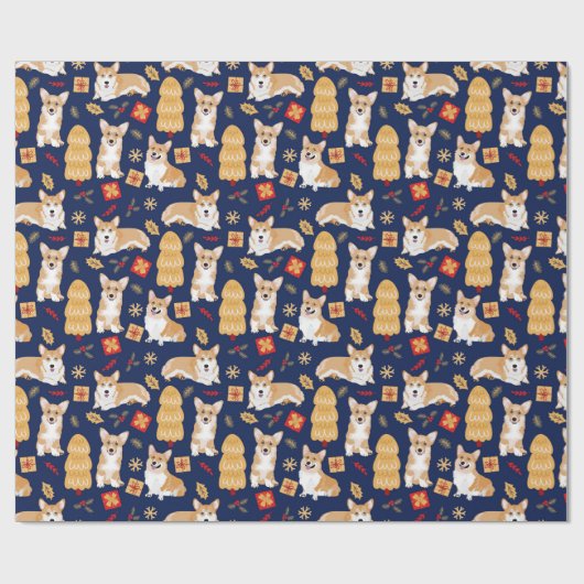 Corgis feiert Weihnachten - blaues Muster Geschenkpapier (Flach)