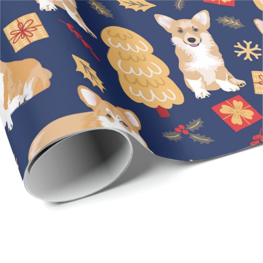 Corgis feiert Weihnachten - blaues Muster Geschenkpapier (Rolleneckpunkt)