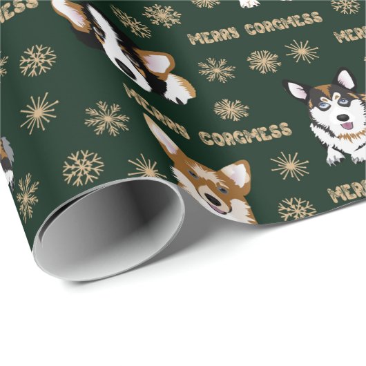Corgis feiert Weihnachten- grüne Musterverpackung Geschenkpapier (Rolleneckpunkt)