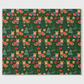Corgis feiert Weihnachten - grünes Muster Geschenkpapier (Flach)