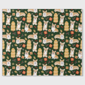 Corgis feiert Weihnachten - grünes Muster Geschenkpapier (Flach)