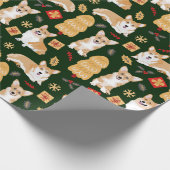 Corgis feiert Weihnachten - grünes Muster Geschenkpapier (Ecke)