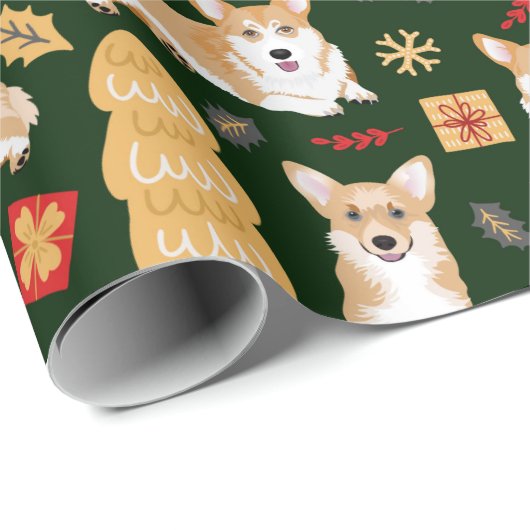 Corgis feiert Weihnachten - grünes Muster Geschenkpapier (Rolleneckpunkt)