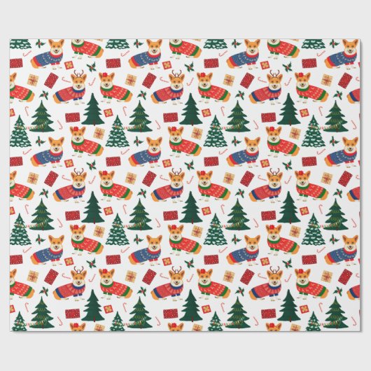 Corgis feiert Weihnachten - weißes Muster Geschenkpapier (Flach)