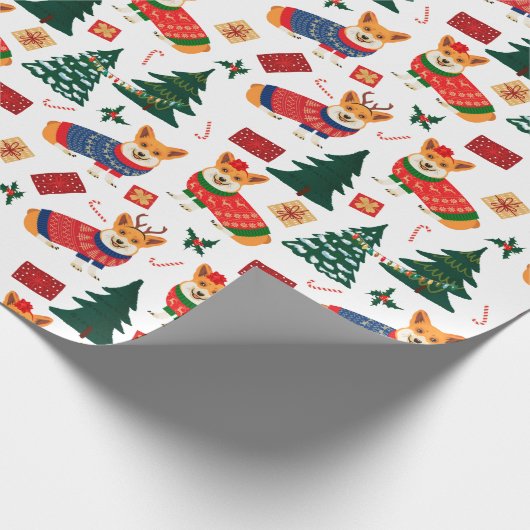 Corgis feiert Weihnachten - weißes Muster Geschenkpapier (Ecke)