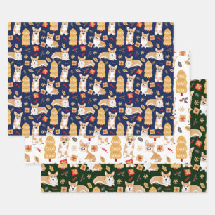 Corgis feiert Weihnachtsmuster 3 Farben Geschenkpapier Set