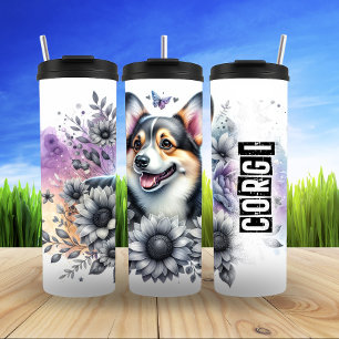 Corgis Graustufen-Blumenfreude Thermosbecher