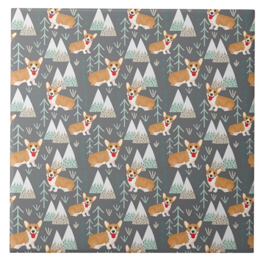 Corgis im Gebirge und Waldmuster Fliese (Vorderseite)