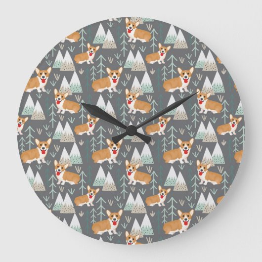 Corgis im Gebirge und Waldmuster Große Wanduhr (Vorderseite)