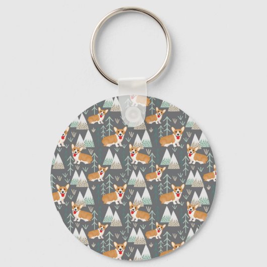 Corgis im Gebirge und Waldmuster Schlüsselanhänger (Vorderseite)