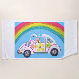  Corgis in Hippie Car at the Beach with a Rainbow Strandtuch
