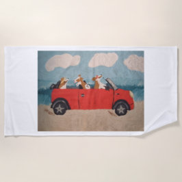  Corgis in red car at the Beach  Strandtuch