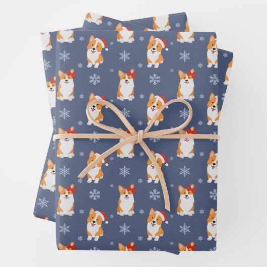 Corgis in Weihnachtsmannmützen und Schneeflocken-M Geschenkpapier Set (Beispiel)