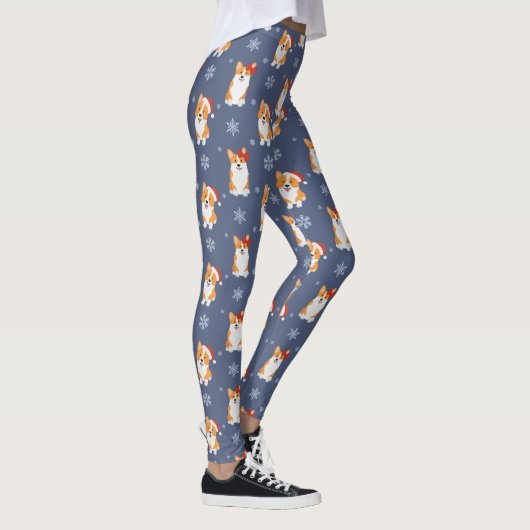 Corgis in Weihnachtsmannmützen und Schneeflocken-M Leggings (Rechts)