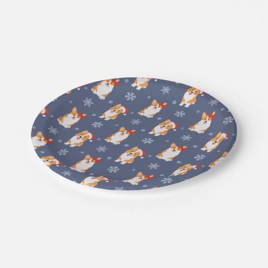 Corgis in Weihnachtsmannmützen und Schneeflocken-M Pappteller (Schrägansicht)